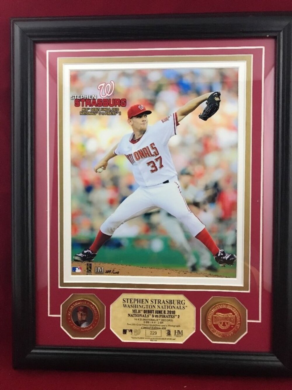Stephen Strasburg MLB Debut Photo Gold Coins Washington Nationals 14k’s COA WS24